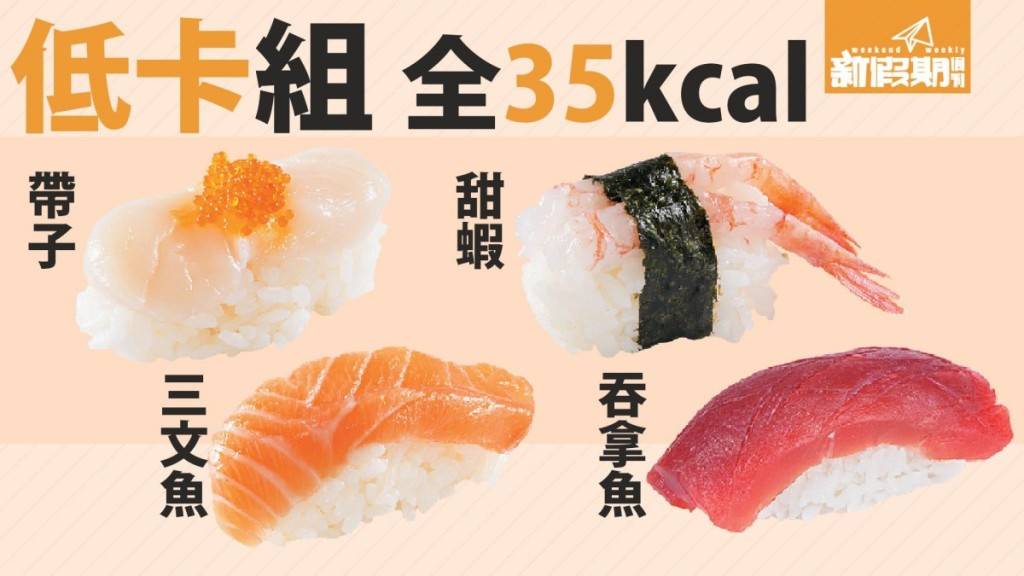 壽司熱量 壽司卡路里：帶子壽司、甜蝦壽司、三文魚壽司、吞拿魚壽司
