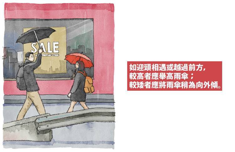 擔遮禮儀 在雨天身高差別不是甜蜜，因為米八的人好像記者我），很容易被較矮路人的雨傘戳到面部。
