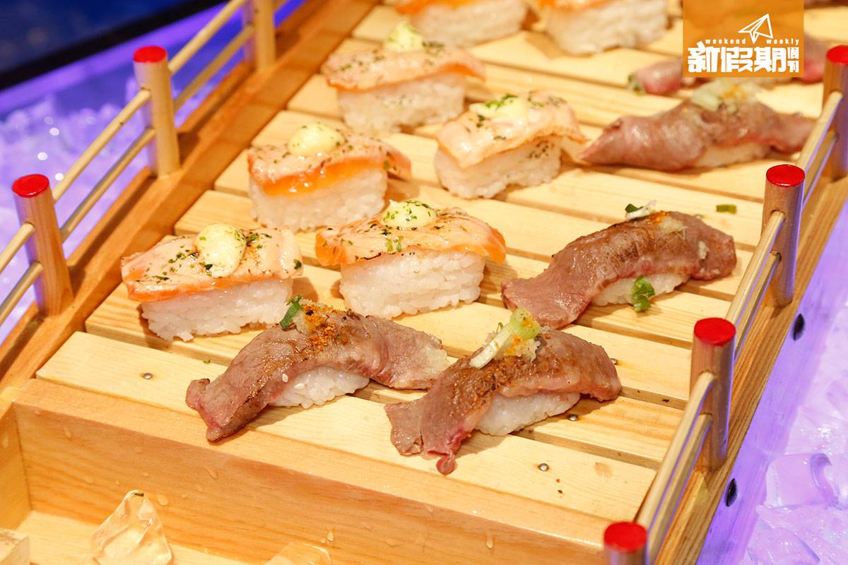 任食生蠔 自助餐 和牛 金域假日酒店 火炙和牛、三文魚壽司是大家愛吃壽司之一，和牛肉味香濃，配以清葱可解解肉膩感。