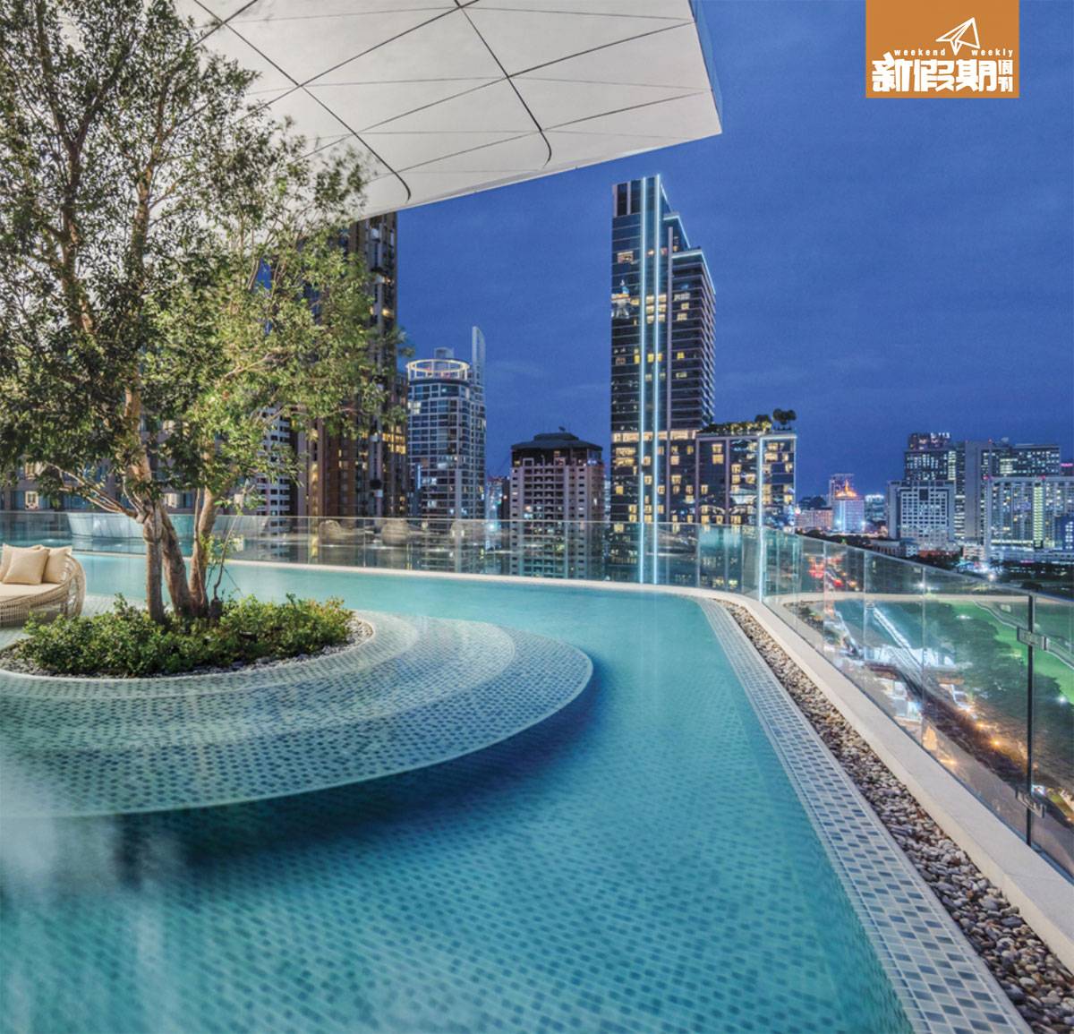 曼谷 新酒店 2018 酒店另一吸睛位，是位於酒店16樓的露天infinity pool，正中央矗立著一嚿雪白的大蘑菇雲，遮陰同時令泳池更顯藝術感！