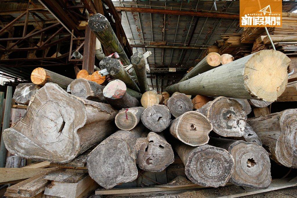 香港原木鎅木廠 這些木柱或許在其他人眼中，全都是沒用的東西，但對權叔而言，每塊木材都是珍貴的寶物。