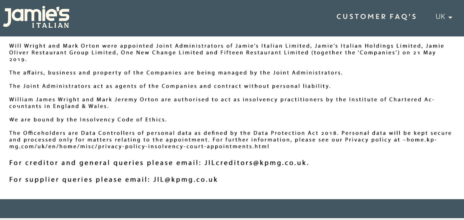 jamie oliver 英國餐廳網站已刊登有關破產保護的公告。
