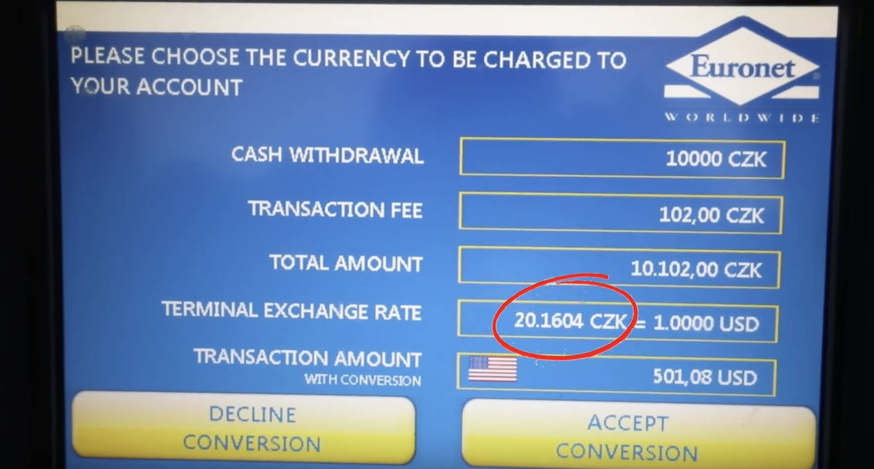 ATM 提取1萬捷克克朗，匯率大約係20.1克朗兌1美金。