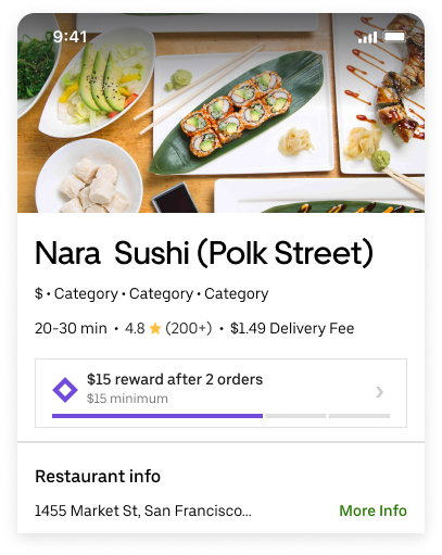 Uber Eats 喺餐廳頁面就可以睇到獎勵進度、折扣優惠等等資訊。