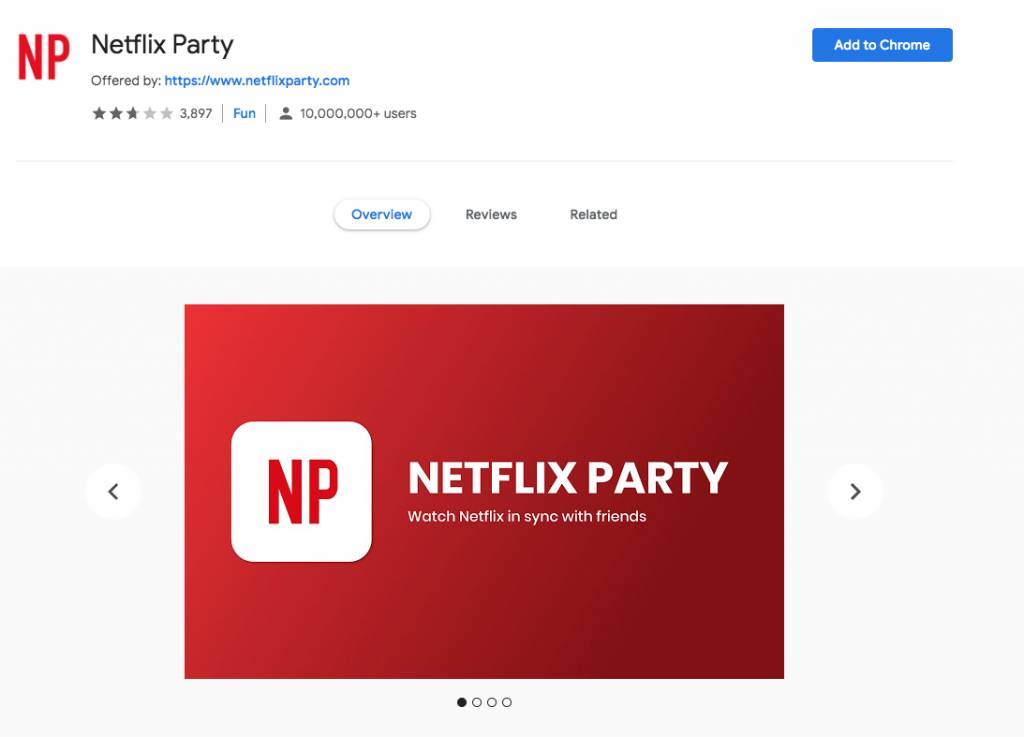 Google Chrome網頁安裝Netflix Party擴充功能。
