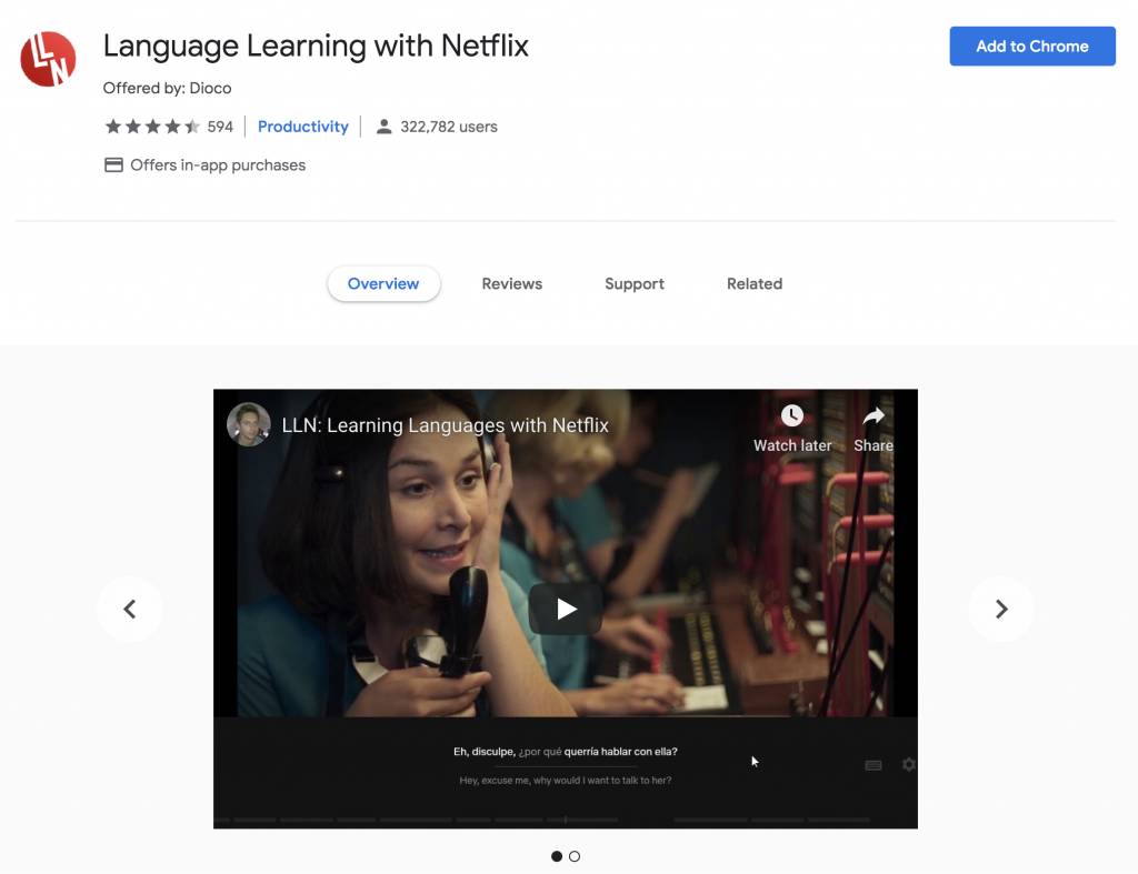 首先登入Chrome Web Store，選擇「Language Learning with Netflix」。