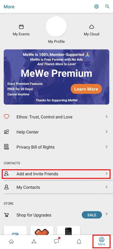 MeWe 去到個人頁面，在「Contact （聯絡）」一欄，點擊「Add and Invite Friends（新增和邀請朋友）」。