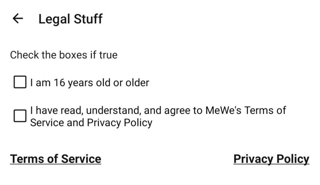 MeWe 4. 確認是否年滿16、閱讀 MeWe 條約和政策