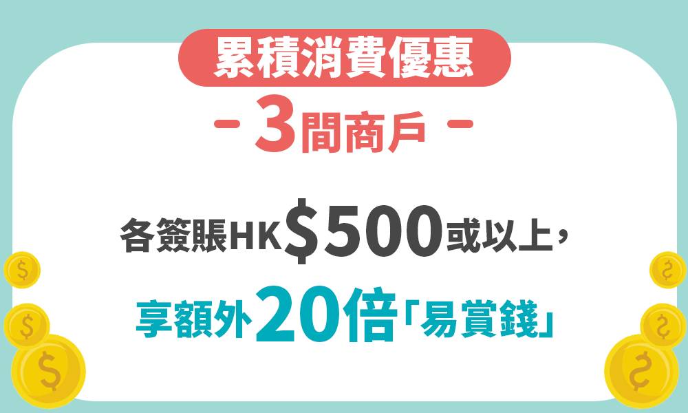 慳家貼士 去齊百佳、屈臣氏及豐澤 3間商戶，分別以滙豐信用卡單次簽賬 HK$500 或以上，可享 20倍 「易賞錢」積分。