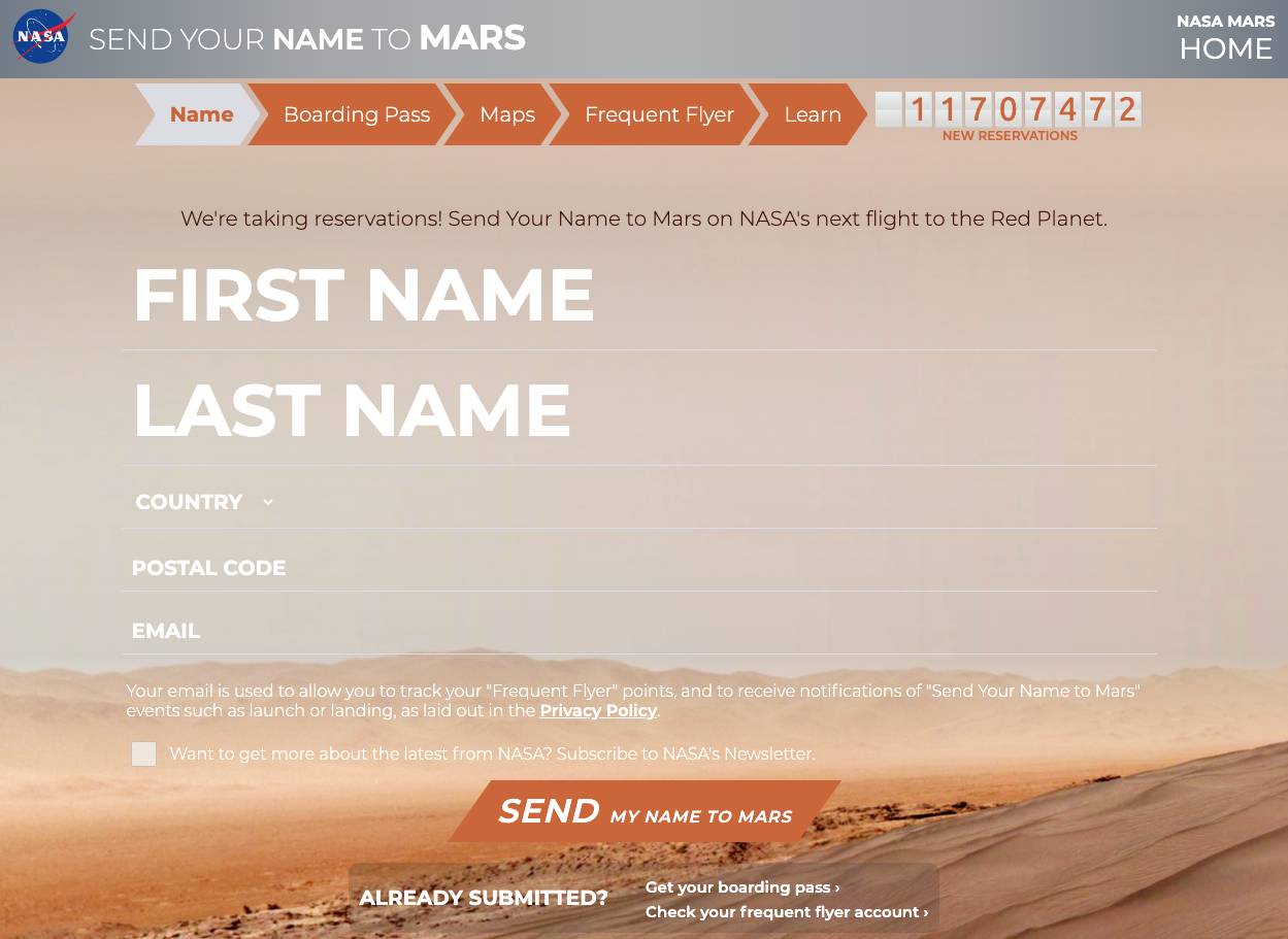 齊齊上火星！NASA推「Send Your Name To Mars」活動 免費拎太空船票！簡單3步驟將自己名字射上火星！ ｜時事熱話 熱話 新假期