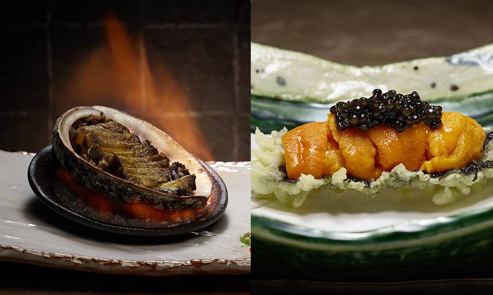  大松日的必試菜式：鮑魚鐵板燒（左）、紫菜海膽天婦羅配魚子醬（右）