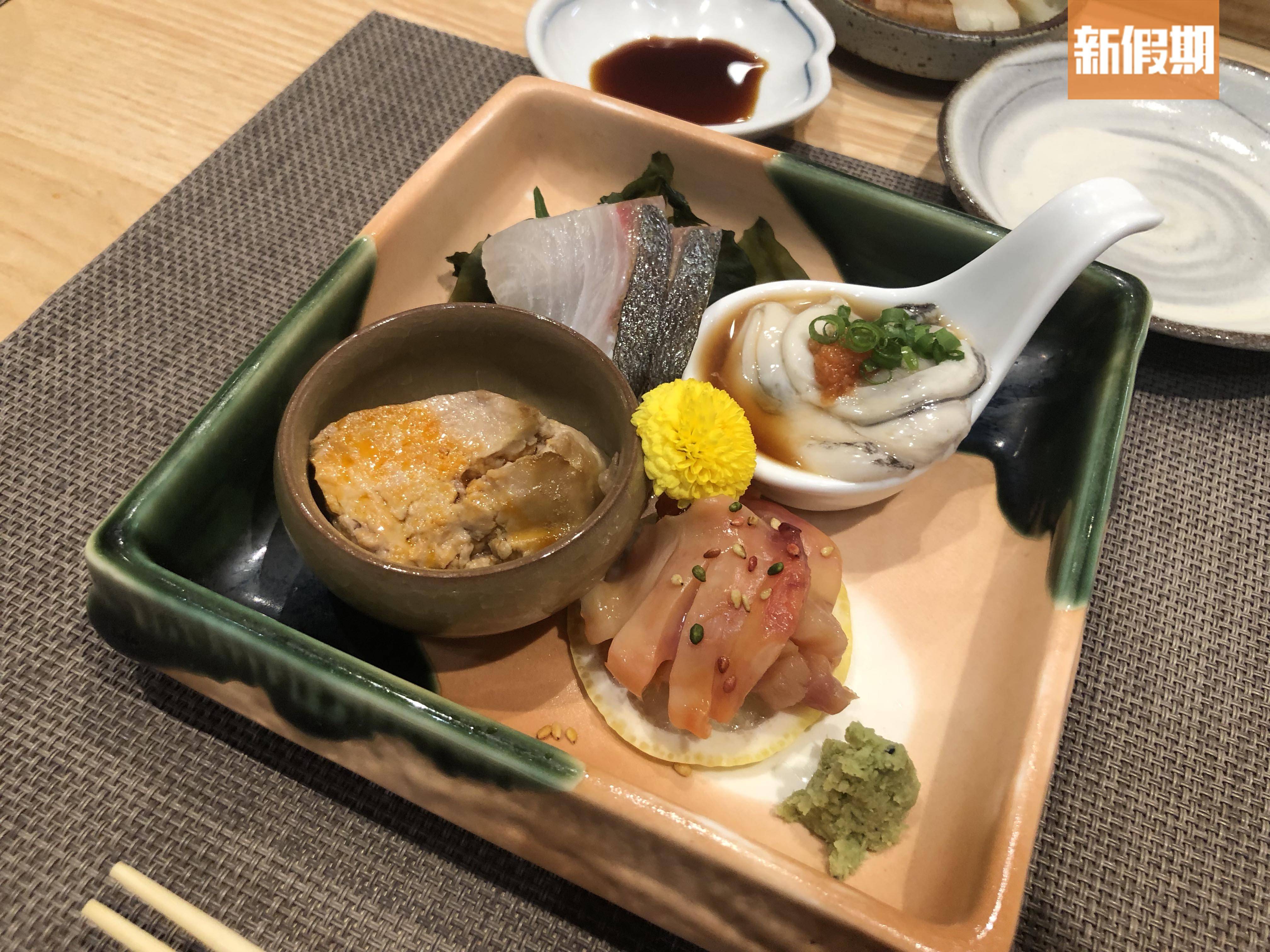 壽司之神 元朗omakase 包括兵庫縣生蠔、深海池魚刺身、吞拿魚鮫及赤貝。