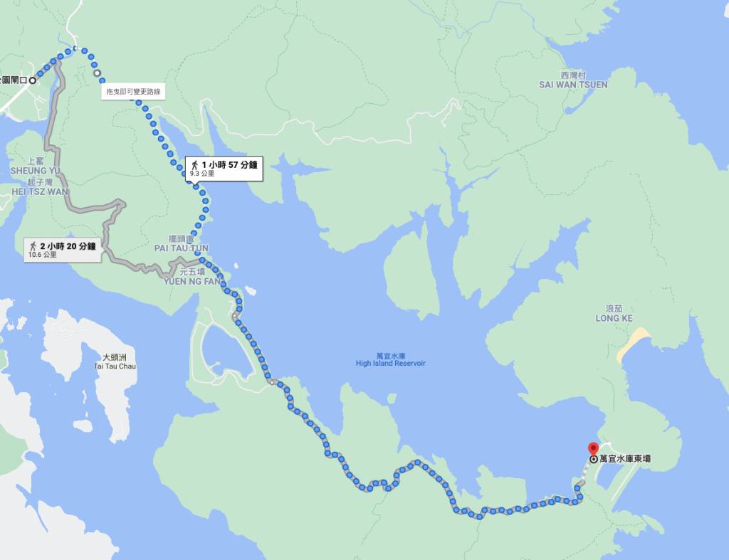 Google Map顯示約徒步由北潭涌走至東壩需時約2小時。