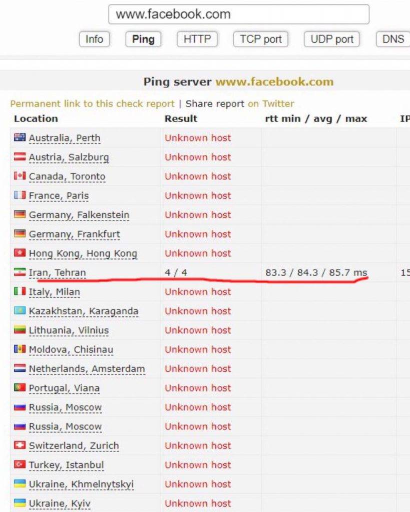 有網民提供截圖顯示全球多國都受波及，唯獨伊朗伺服器未受影響。（圖片來源：twitter截圖）