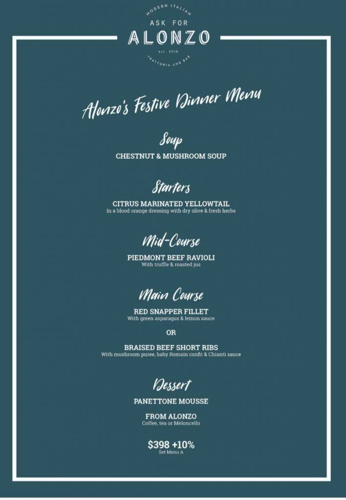 Alonzo節日晚市套餐，每位定價8。（圖片來源：Ask For Alonzo）