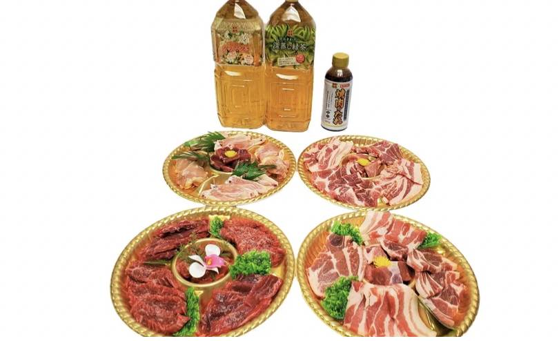 donki網購 4人前日本燒肉套餐8 和牛燒肉拼盤、北海道豚肉燒肉拼盤x2、日本雞肉燒肉、一種醬汁、兩種茶。