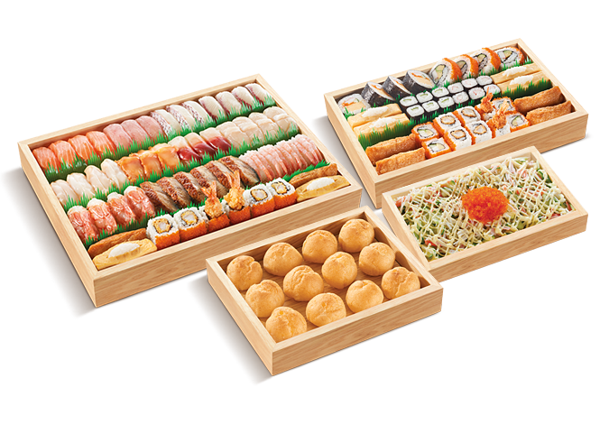 壽司外賣 狂歡派對盛$611.2  8-10位用，包括52件壽司、28件卷物、一份蟹籽沙律、12件迷你泡芙。