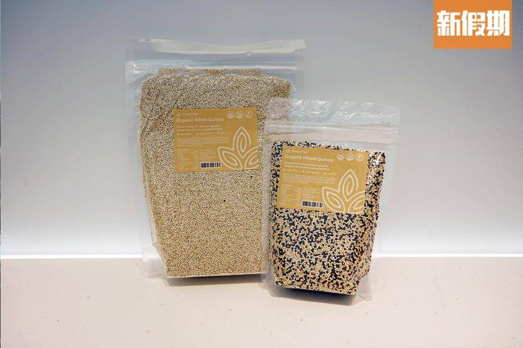 環保超市 環保 Green Price自家品牌的有機藜麥，來自秘魯。左）有機白藜麥$58，右）有機三色藜麥$49。