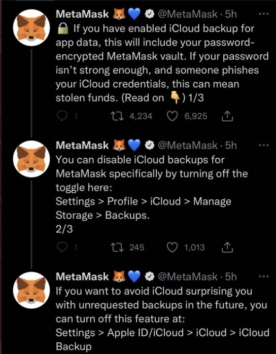Apple MetaMask亦呼籲用戶關閉iCloud的app資料備份功能，以及增加帳號的密碼強度。