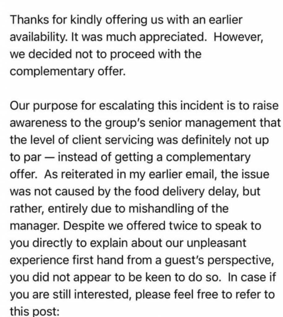 Omakase 餐廳向事主發出致歉電郵著手安排退款及免費用餐，不過事主不領情，拒絕餐廳的免費邀請。