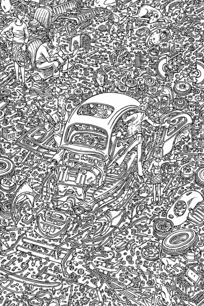黑白錯覺圖 這張黑白錯覺圖早前在「reddit」被不少網民瘋傳，圖中是以黑白條紋，畫上各種線條、車輛、汽車零件等，不過這張黑白圖卻被網民用作挑戰尋找隱藏的人和動物。