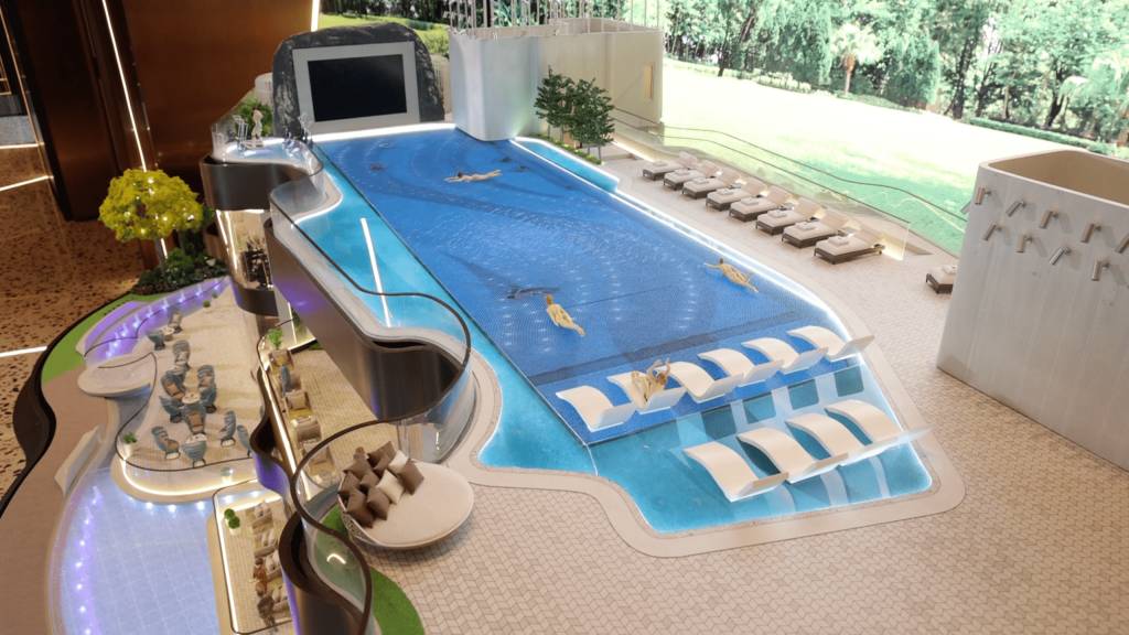 One Innovale 「影樂池」結合運動與科學特色，設長達30米無邊際泳池，以及水中影院、水中健身器材。