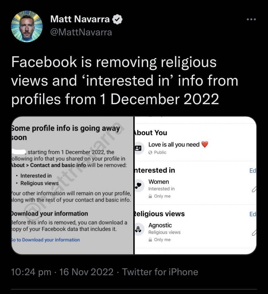 Facebook 資深社交軟件分析顧問Matt Navarra率先在他個人社交媒體Twitter表示自己收到Facebook通知
