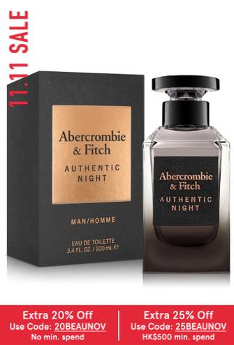 ZALORA雙11優惠 Abercrombie & Fitch Authentic Night for Man/Homme EDT 100mL 特價：$404.25 原價：$980