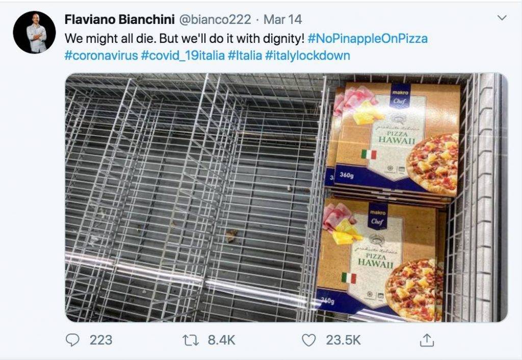 譚仔清湯 譚仔 疫情嚴重期間，意大利人即使全間超市被一掃而空，都不願意購買菠蘿Pizza。