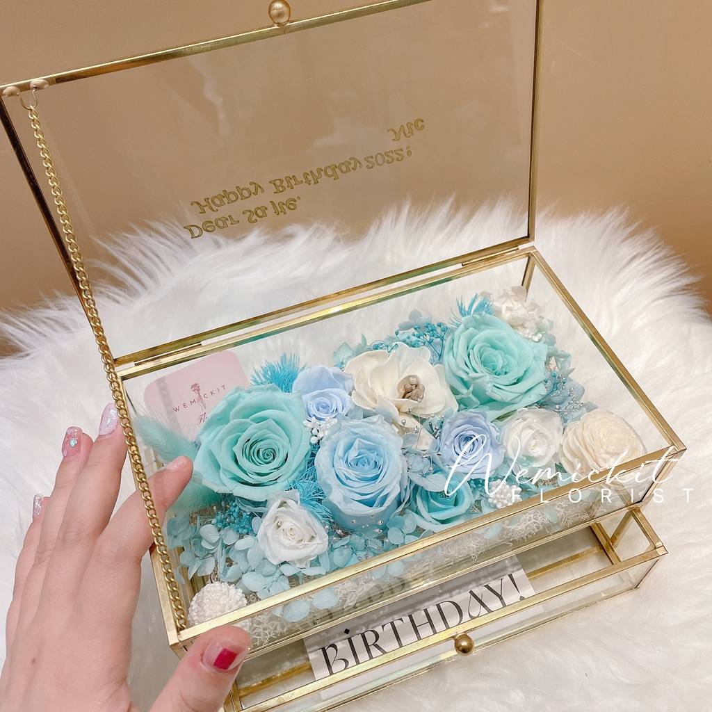 情人節花 輕奢風金屬框玻璃設計永生花/保鮮花飾物盒 $799