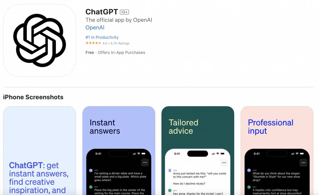 ChatGPT App ChatGPT雖然推出官方App版，不過暫時只能夠在美國地區的App Store下載，因此暫時只iOS用家才能率先使用。