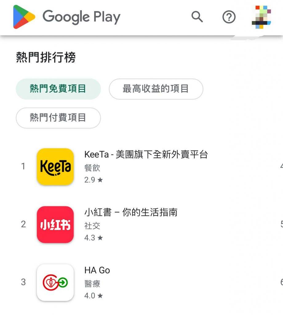 美團 KeeTa 「KeeTa」應用程式在Google的Play store上，已經在免費App排行榜登上第一位！
