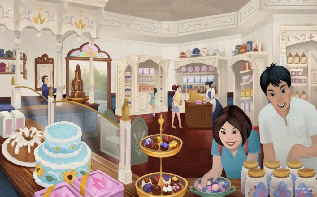 迪士尼魔雪奇緣 frozen 極光糖果屋 – 從北極光中取得靈感。賓客可在這所獨一無二的糖果店找到各式各樣的糖果和甜品，安娜和愛莎也會在這裡訂購她們最喜歡的甜點。