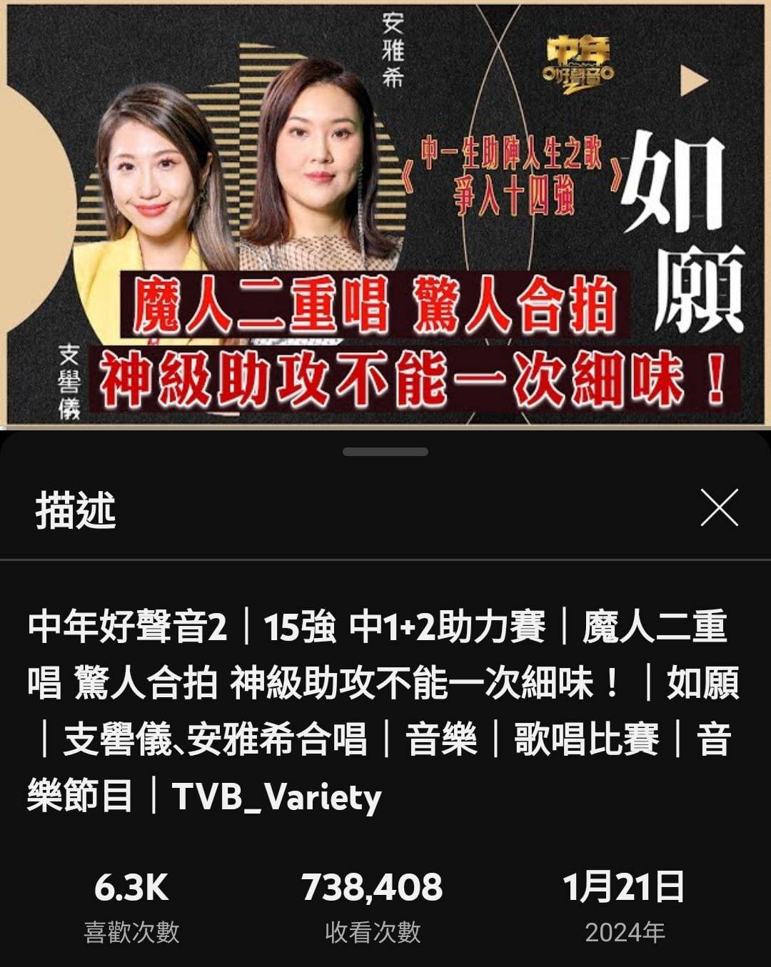 安雅希係点击王第二位，当中更有三首歌劲吸逾 60 万 Views，成绩不俗。（图片来源：TVB）