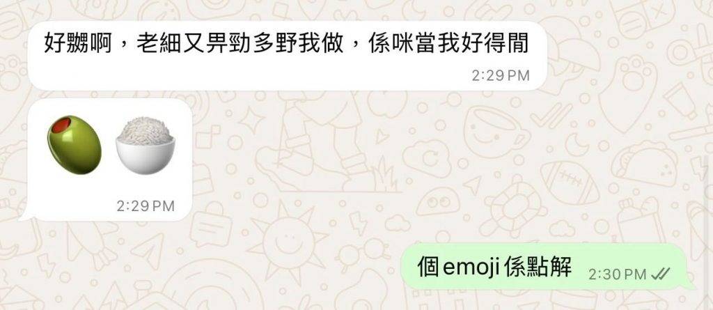 潮語 近日有網民在Threads上貼出一則Whatsapp對話截圖,當中寫道「好嬲啊,老細又畀勁多野我做,係咪當我好得閒」,下一句就附上1組「橄欖+飯」Emoji,而樓主就問對方「個emoji係點解」。(圖片來源:Threads@calljor999)