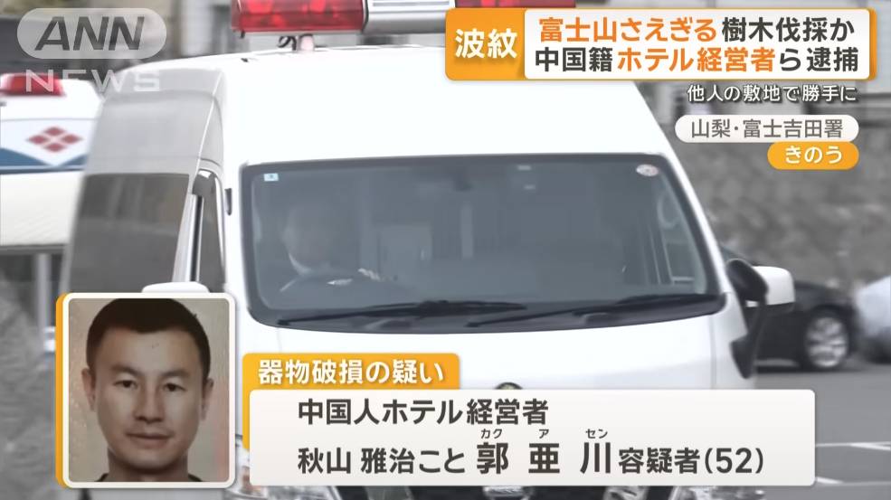 日本 非法砍樹 據日本傳媒報道,當地警方於上星期拘捕1名中國籍男子,據悉男子在河口湖經營旅館,是為旅館老闆,涉嫌派人砍伐23棵樹木而被通緝。(圖片來源:YouTube@ANNnewsCH)