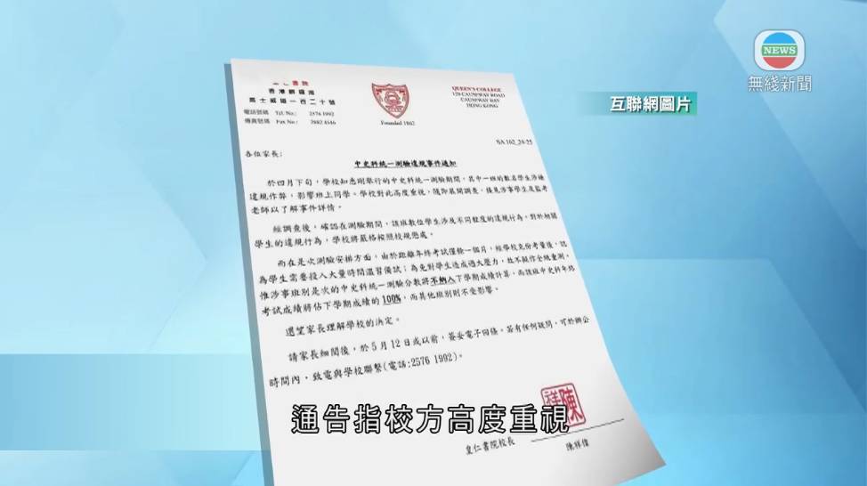 皇仁書院 集體作弊 皇仁書院昨日(6日)向在校學生家長發出通告,指4月下旬的中史科統一測驗期間,其中一班的數名學生涉違規作弊。通告中未有指出涉事班級,但校方表示經調查後,確認該班數位學生在測驗期間做出不同程度的違規行為,校方會嚴格按照校規懲處。(圖片來源:《無綫新聞》截圖)