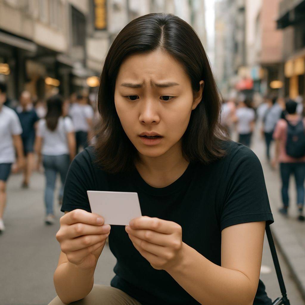 港女 1名港女突然被1名鄉音中年女子叫住,聲稱她掉了東西。事主轉身一看見到地上散落著幾張白色卡片,然而當她撿起查看,內容竟令事主細思極恐。(AI生成圖片)(圖片來源:《新假期》編輯部)