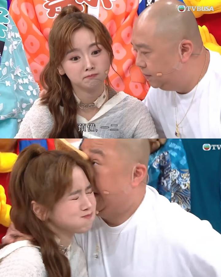 女神配對計劃 片段中Yuki初頭側面對住Bob,而Bob則正面對住Yuki,夾多士時一嘢咀埋去Yuki面上。(圖片來源:TVB)