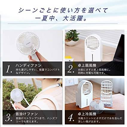 USB風扇推介 有5個用法:外出時,可當手提風扇隨身攜帶,工作時,可座枱平放在桌上。可配頸帶掛頸,亦配有附固定帶,能固定在嬰兒車上。更可用作水冷風扇,炎熱的夏天時,能把水加到設備上更清爽涼快!(圖片來源:RAKUTEN)