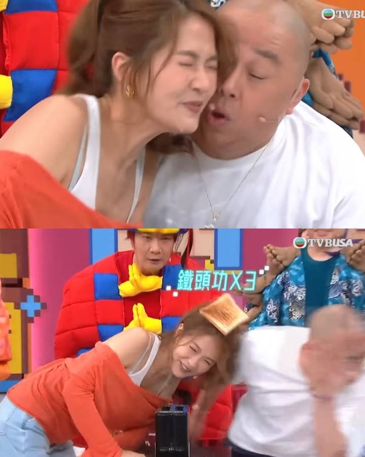 女神配對計劃 換上Maggie同Bob玩夾多士,Maggie就連環三次用頭鎚撞Bob,撞到佢被飛出鏡頭!(圖片來源:TVB)