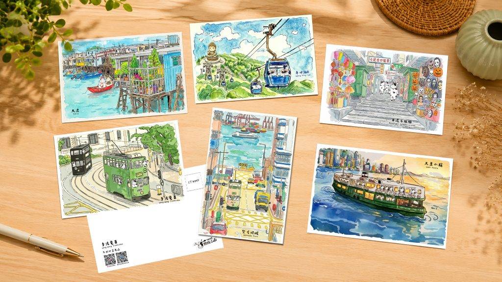 牛奶冰室 香港特色景點與牛牛IP結合設計的明信片(圖片來源:牛奶冰室 Milk Café)