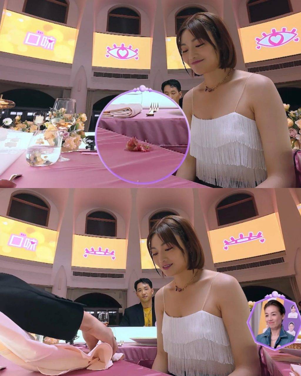 細john 姜卓文 女神配對計劃 姜大衞 關嘉敏 Carmen選擇牛肉他他做前菜,不過唔知係唔係要同細John交流太緊張,搞到跌咗唔少牛肉落枱!但細John就反應超快幫Cramen遮住跌咗嘅食物,兼貼心為佢清理污糟咗嘅枱面。(圖片來源:TVB)