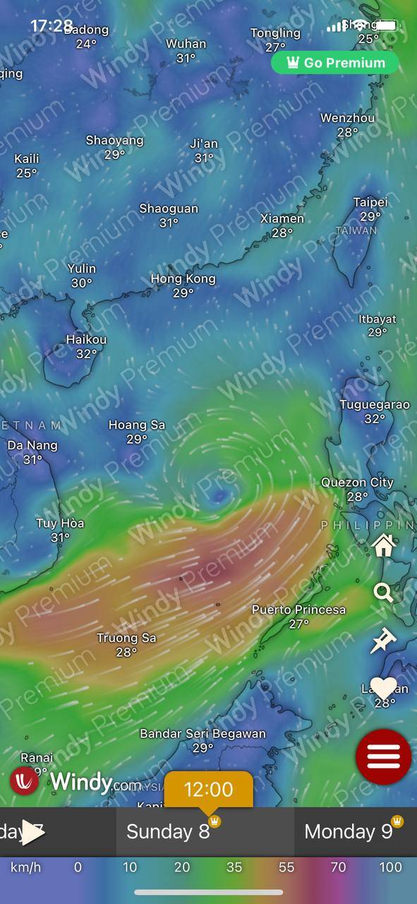 天文台 打風 美國全球預報系統(GFS)預測從6月8日起,南海一帶將會有熱氣帶旋逐漸生成,隨後一兩日會逐漸靠近本港水域。(圖片來源:windy.com 截圖)