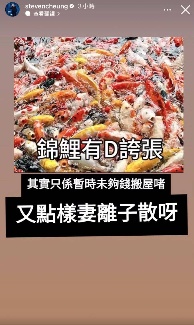 張致恒 雯雯 今日(18日)張致恒在IG限時動態以輕鬆語氣澄清婚變傳聞,更直接反擊網民的猜測。(圖片來源:IG@stevencheung)