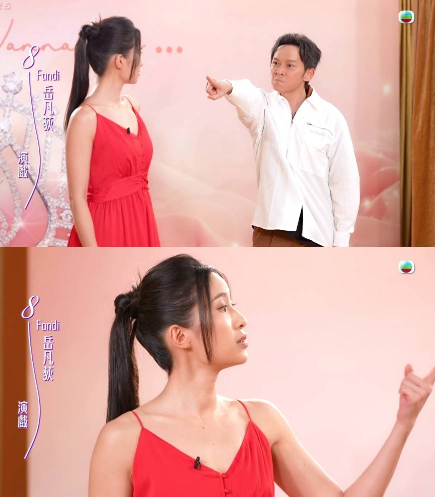 香港小姐2025 岳飛後人 岳凡荻在節目中仲會與鄧智堅重現《溏心風暴》經典場面,Fandi零怯場之餘,就算面對堅叔突然其來的手指,亦超淡定霸氣爆肚回應!(圖片來源:TVB)