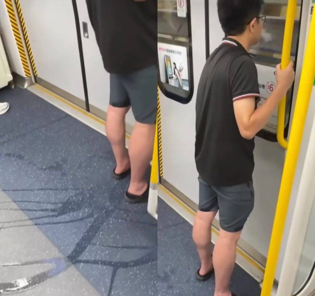 拖鞋男 港鐵車廂 有網民在社交平台分享一段短片,內容顯示在港鐵車廂內,一名身穿Polo恤、短褲和拖鞋的男子於車門旁當眾疑似小便(圖片來源:網上圖片)