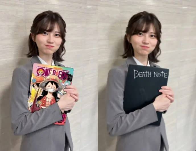 日本ol 荒木佐保里 有人將她手中的筆電改成死亡筆記本、海賊王漫畫等各種有趣元素。(圖片來源:X圖片)