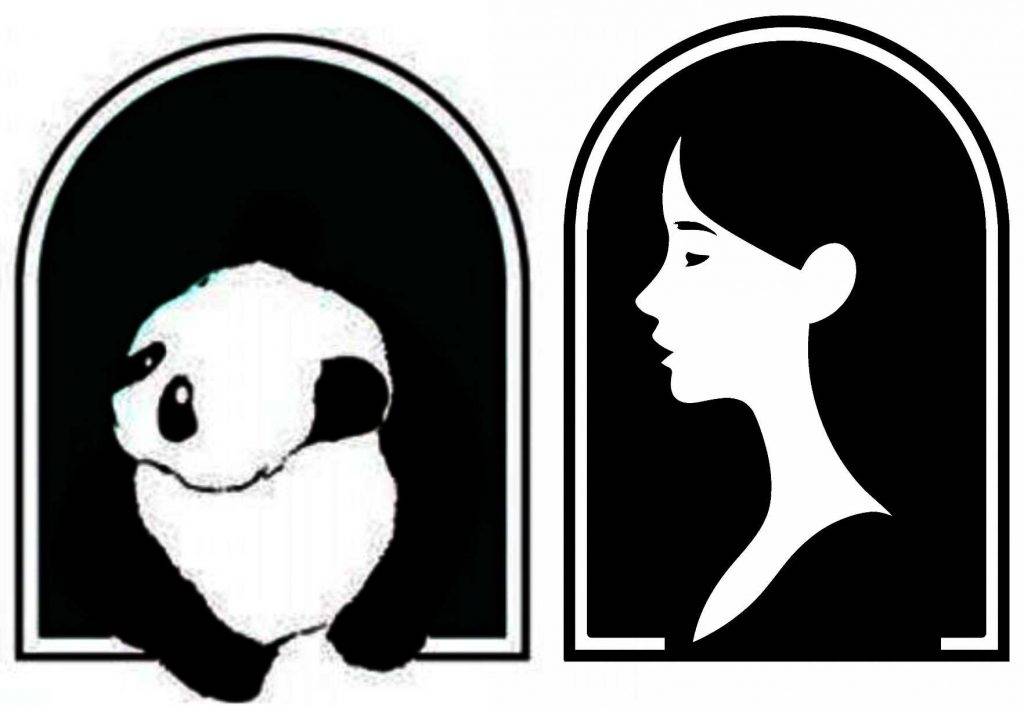 翁靜晶 悅來酒店 有網民指「女人頭」的幻覺原來是包括了熊貓背後的墨綠色範圍,令人以為是一個 one-length 髮型的女子頭像。(圖片來源:網上改圖)