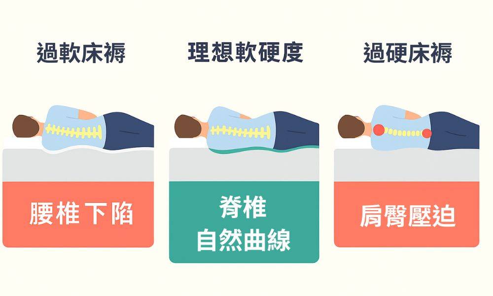 床褥軟硬 示意圖:過軟與過硬床褥對脊椎與壓力分佈的不同影響。(圖片來源:新傳媒資料庫)